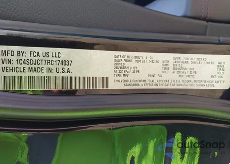 2024 Dodge Durango R/T Awd из США, поврежденный, VIN 1C4SDJCT7RC174037